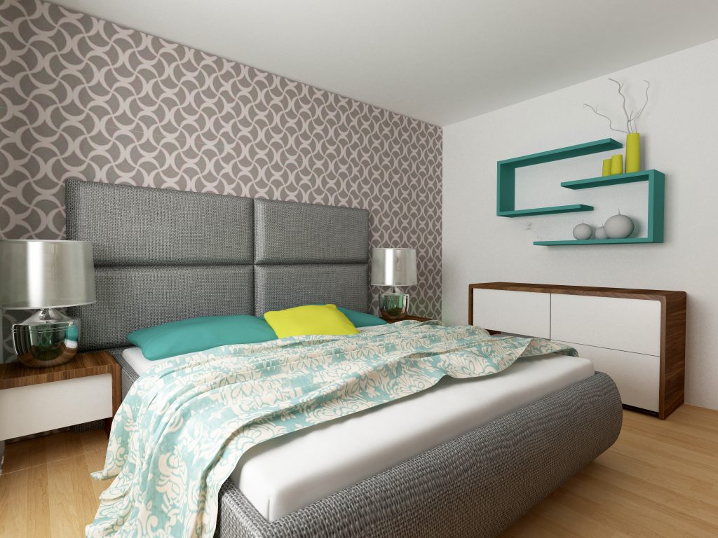 Feature wall in wallpaper in bedroom by Gavin Lambert Decorators Nelson
